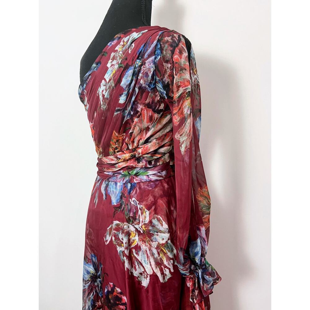 Marchesa Notte Floral Printed Cocktail Dress Burgundy Size 0 One Shoulder Lined - Picture 6 of 8